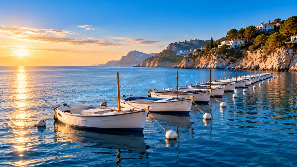 Row of small white fishing boats moored in a calm Costa Blanca bay at sunset