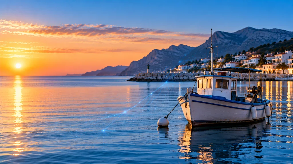 White fishing boat resting at its mooring buoy in a Costa Blanca harbour at sunset
