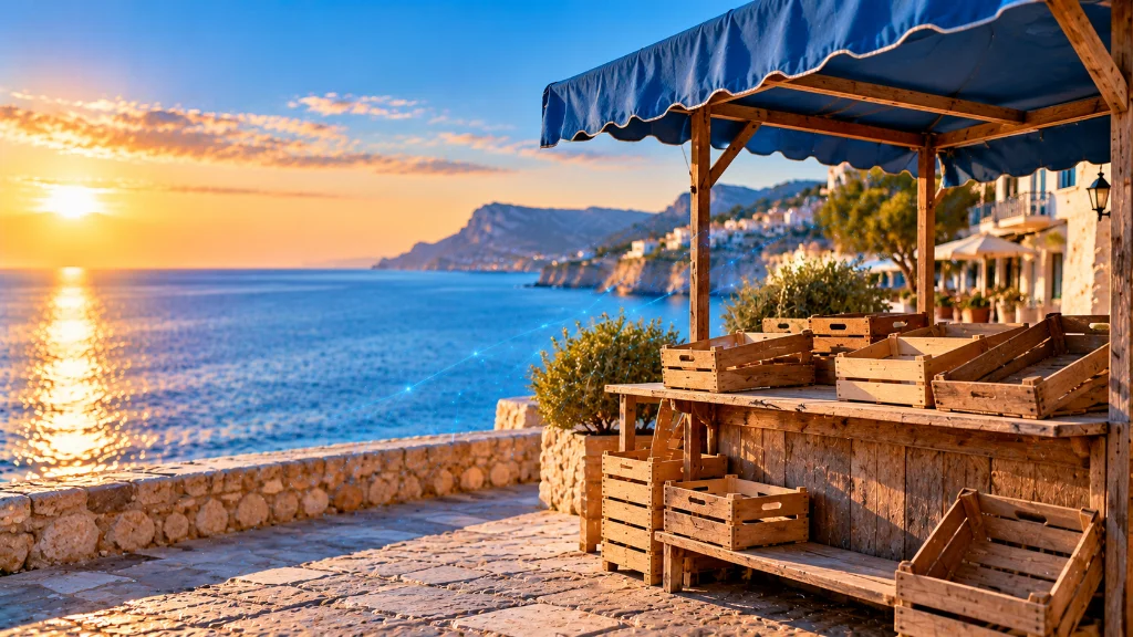 Empty wooden market stall with a blue awning and crates, ready to open, beside the Costa Blanca sea at sunset