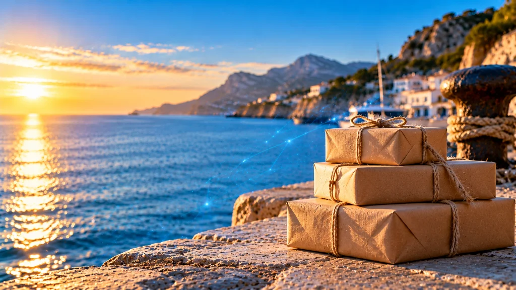 Stack of kraft-paper parcels tied with twine on a stone harbour quay overlooking the Costa Blanca sea at sunset