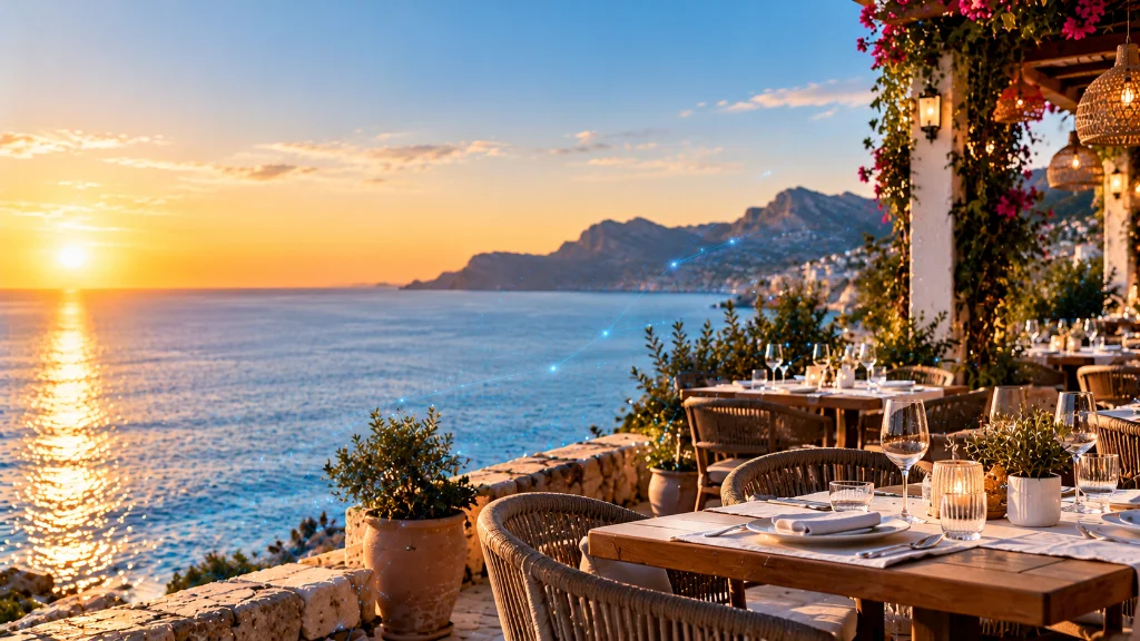 Empty seafront restaurant terrace with tables set for dinner, overlooking the Costa Blanca sea at sunset