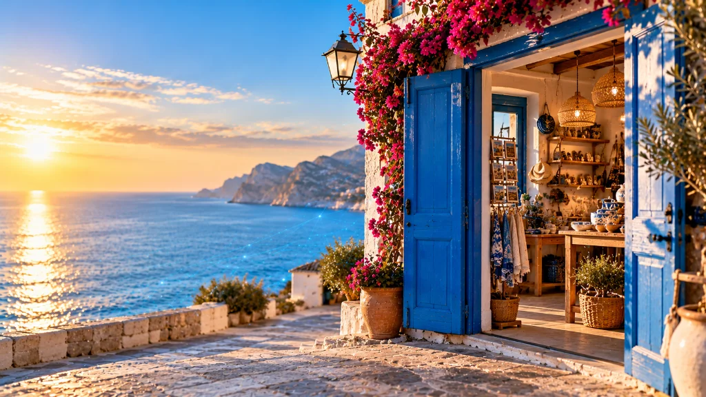 Small Costa Blanca seafront shop with open blue shutters and bougainvillea, overlooking the sea at sunset