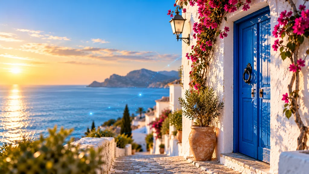 Blue front door with pink bougainvillea on a whitewashed Costa Blanca village street overlooking the sea at sunset