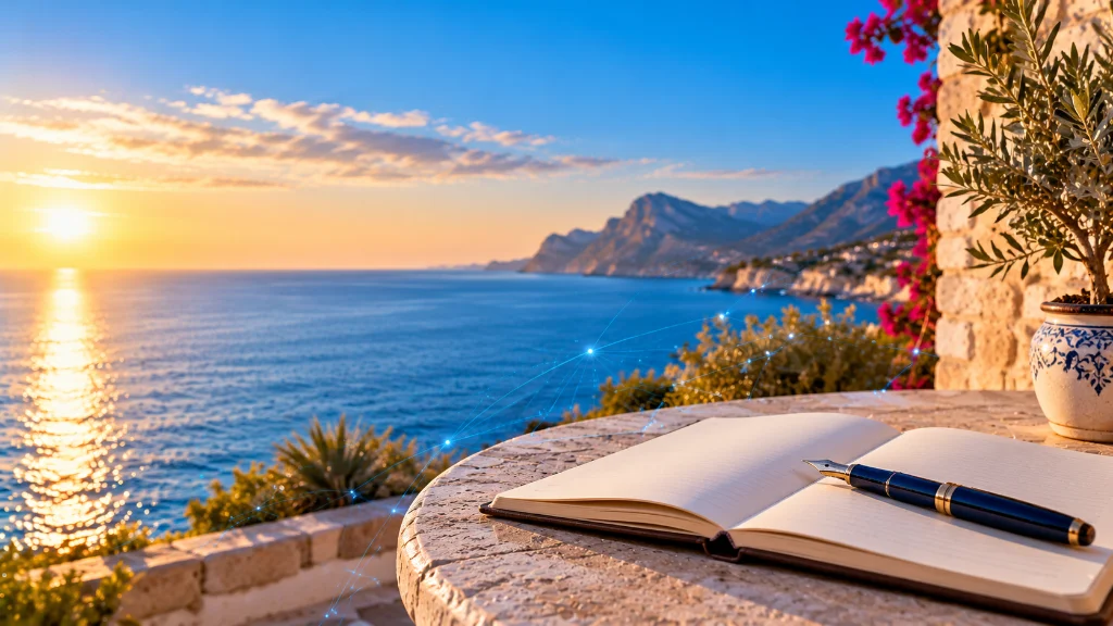 Open blank notebook and fountain pen on a stone terrace table overlooking the Costa Blanca sea at sunset
