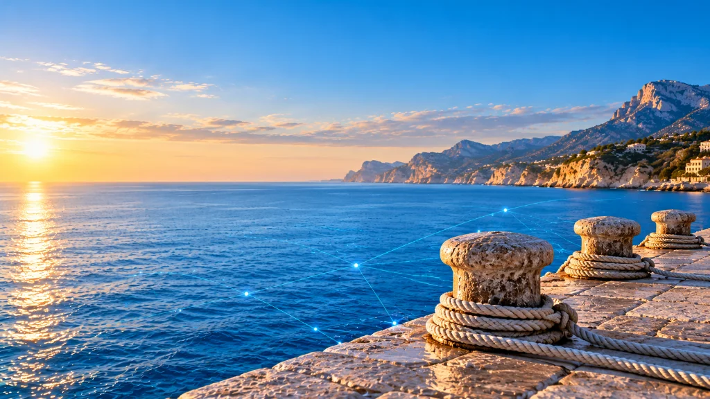 Three stone mooring bollards with coiled ropes on a Costa Blanca harbour quay at sunset, with faint glowing network lines over the sea