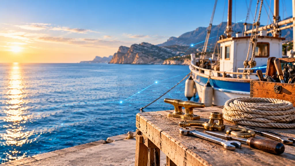 Brass tools and coiled rope on a weathered wooden workbench beside a blue fishing boat in a Costa Blanca harbour at sunset