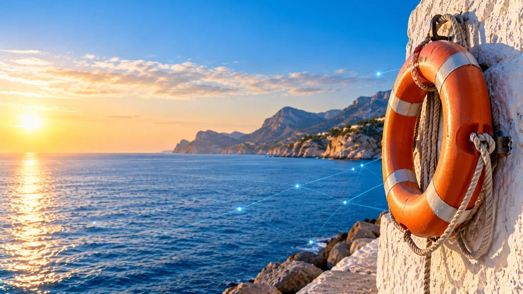 Orange lifebuoy with coiled rope hanging on a whitewashed harbour wall above the Costa Blanca sea at sunset