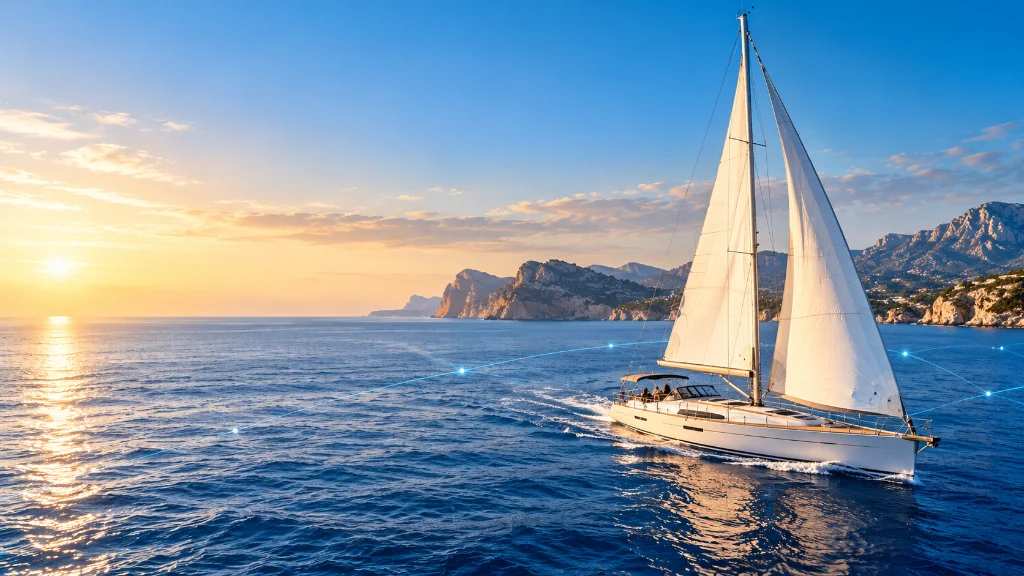 White sailing yacht under full sail on the blue Costa Blanca sea at sunset, with faint glowing network lines over the water