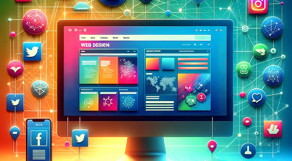 A vibrant illustration representing web design and social marketing