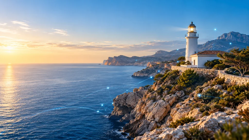 White lighthouse on a rocky Costa Blanca headland at sunset, with faint glowing network lines over the sea