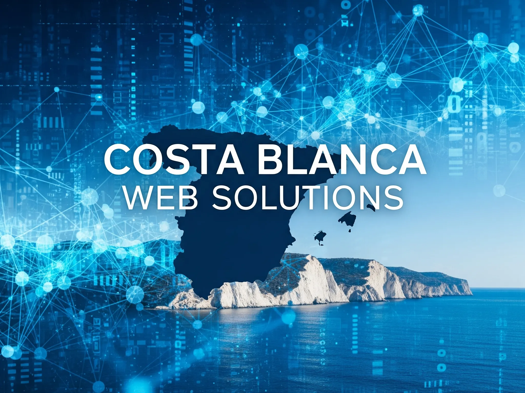 A modern, digital-themed image with a stylized map of Spain, highlighting the Costa Blanca region, overlaid on a backdrop of interconnected data points and a serene coastal landscape with cliffs and blue waters. The text "COSTA BLANCA WEB SOLUTIONS" is prominently displayed in white.