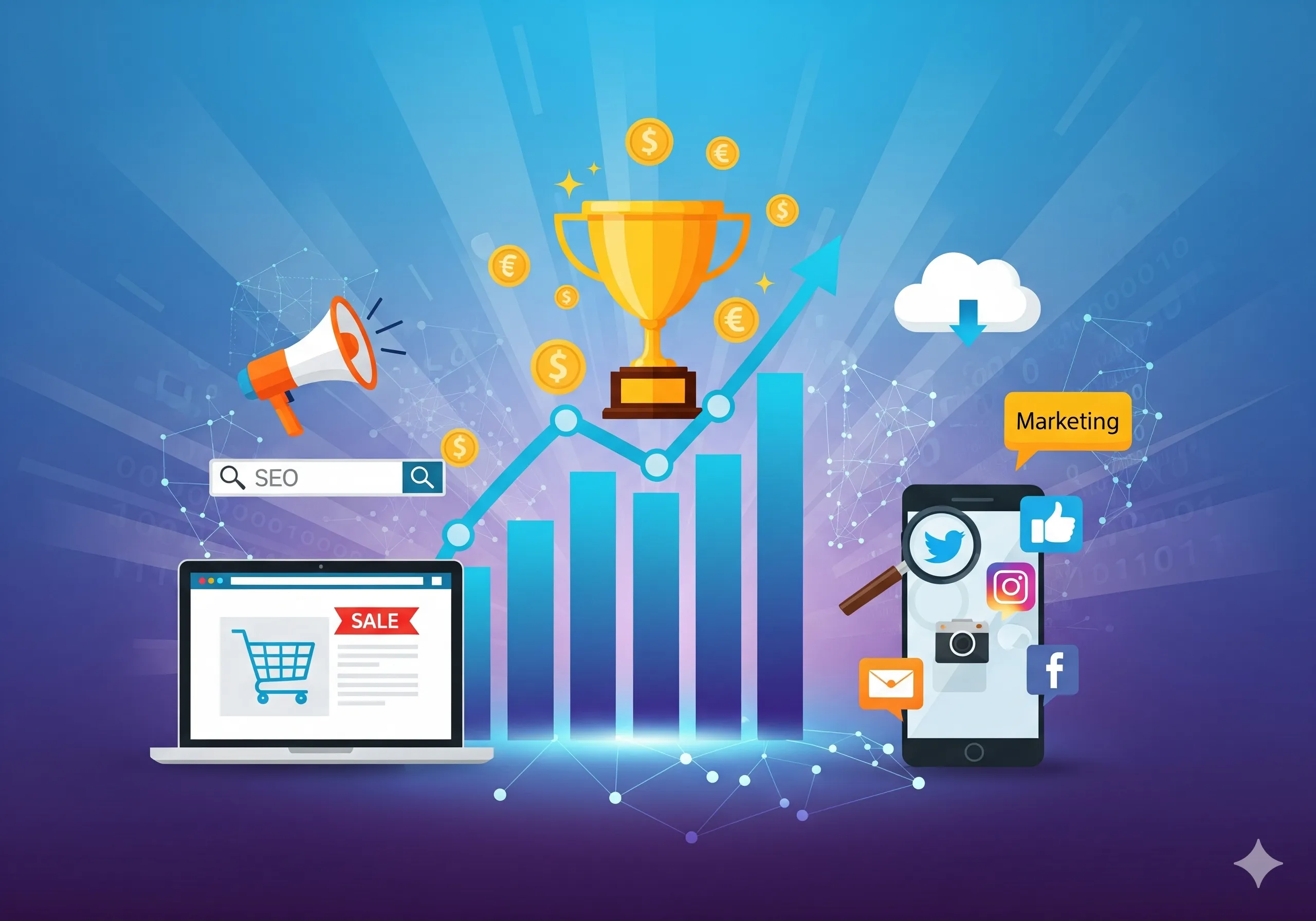 A stylized image representing digital marketing and online business success, featuring an upward-trending bar graph, a trophy, and icons for SEO, social media, and web design.