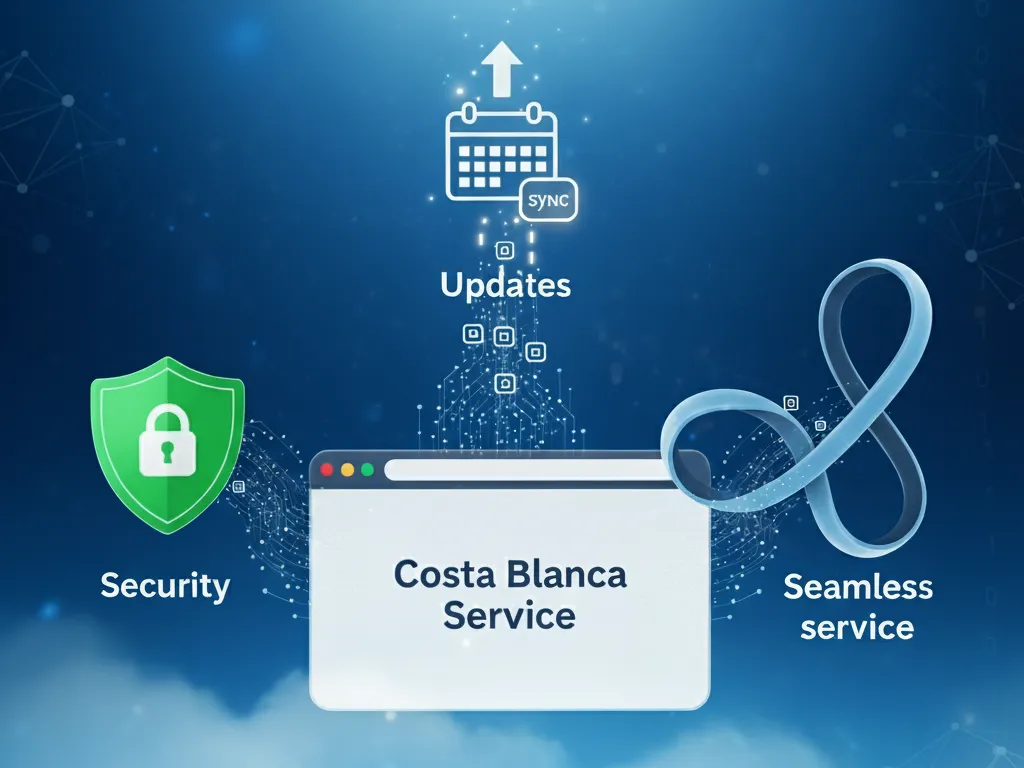 A professional and clean featured image for a web services post. It features a digital landscape with a central browser window displaying the text "Costa Blanca Service." The window is flanked by a green security shield icon and a seamless loop icon. Above it, a calendar icon with an arrow represents updates. All elements are on a blue, cloud-like background.