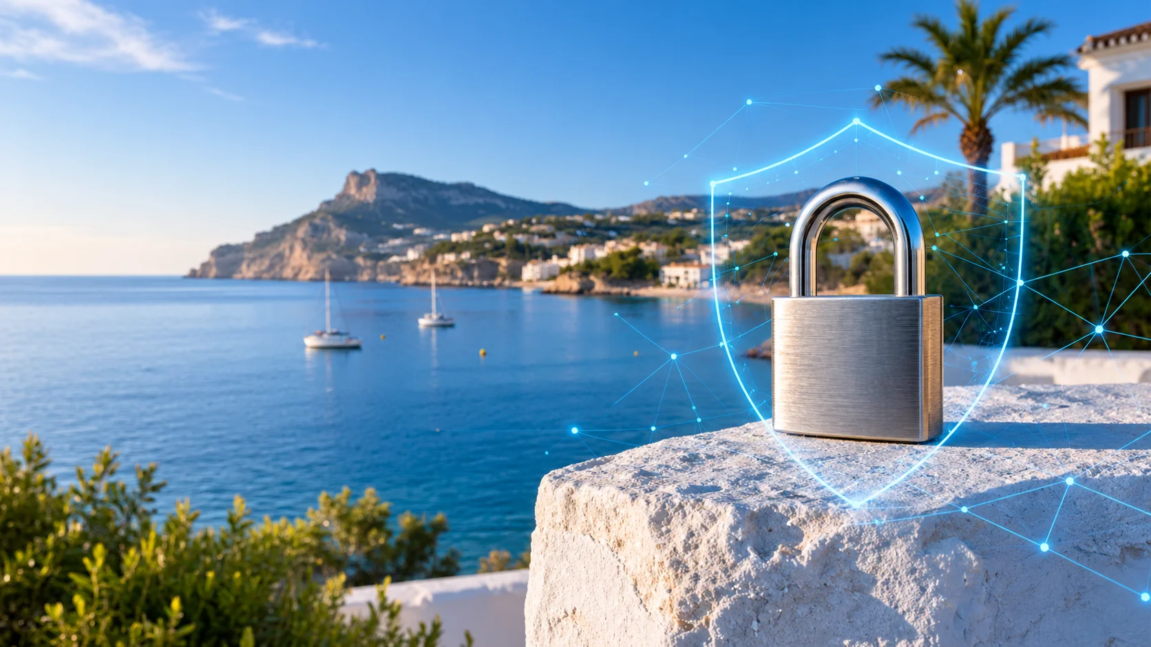 Padlock with a glowing shield on a stone wall above a Costa Blanca bay, representing WordPress website security